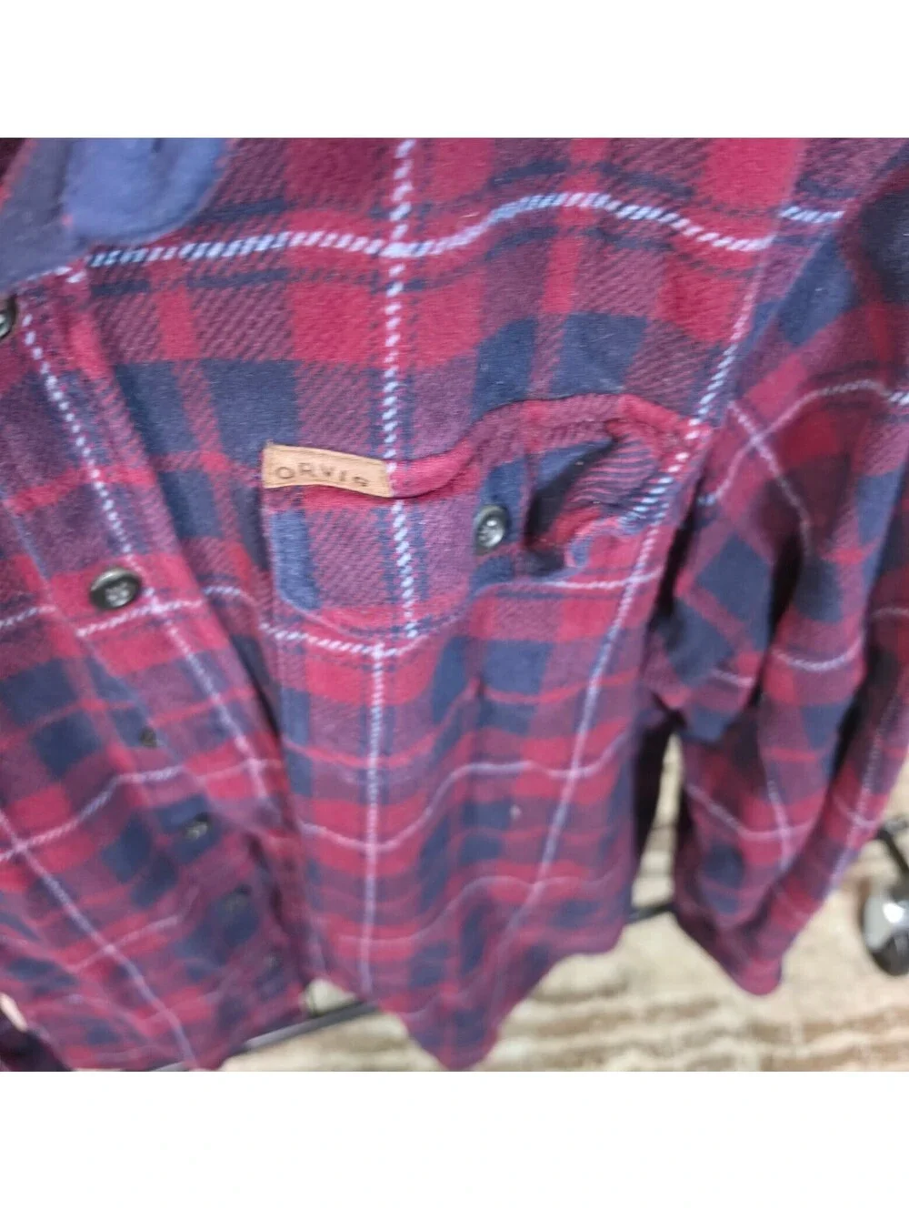 Orvis Men's Red and Navy Plaid Flannel Shirt Large